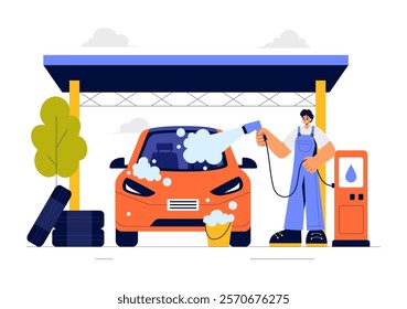 Car Wash Service Vector Illustration featuring Workers Cleaning an Automobile with Sponges, Soap, and Water in a Flat Style Cartoon Background