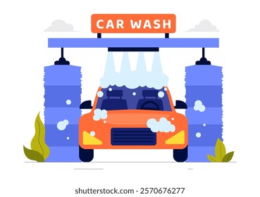 Car Wash Service Vector Illustration featuring Workers Cleaning an Automobile with Sponges, Soap, and Water in a Flat Style Cartoon Background