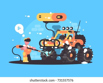 Car wash service. Washer washes SUV with water vacuum cleaner. Vector illustration