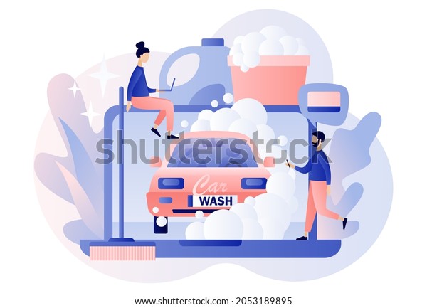 Car wash service web\
site. Transport is clean. Tiny people washing automobile with water\
and foam. Modern flat cartoon style. Vector illustration on white\
background