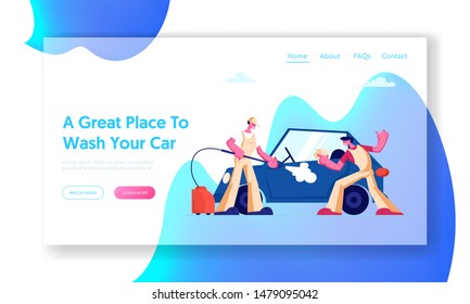 Car Wash Service Website Landing Page. Workers Wearing Uniform Lathering Automobile with Sponge and Pouring with Water Jet. Cleaning Company Working Web Page Banner. Cartoon Flat Vector Illustration