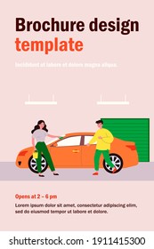 Car wash service. Woman rubbing vehicle with cloth in garage, male driver flat vector illustration. Transport, maintenance, cleaning concept for banner, website design or landing web page