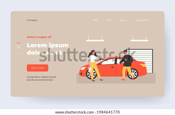 Car wash service. Woman rubbing vehicle with cloth\
in garage, male driver flat vector illustration. Transport,\
maintenance, cleaning concept for banner, website design or landing\
web page