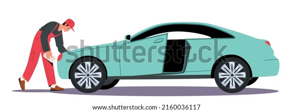 Car Wash Service Worker Character Wearing\
Uniform Washing and Cleaning Automobile with Sponge, Polishing and\
Mopping Car Body. Company Employee Work Process, Carwash. Cartoon\
Vector Illustration