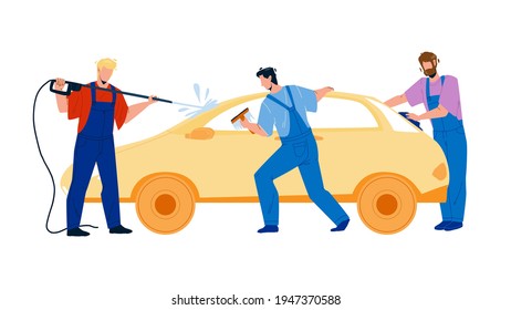 Car Wash Service Workers Washing Automobile Vector. Car Wash Station Man With Equipment Water Spraying, Cleaning And Wiping Windows With Rag. Characters Business Flat Cartoon Illustration