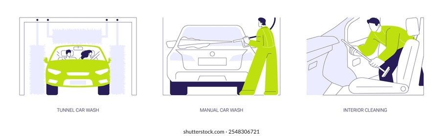 Serviços de lavagem de carro conceito abstrato vetor ilustração conjunto. Túnel e lavagem de carro manual, spray de espuma, para-brisa e limpeza interior, superfícies automotivas limpas, metáfora abstrata de manutenção do veículo.