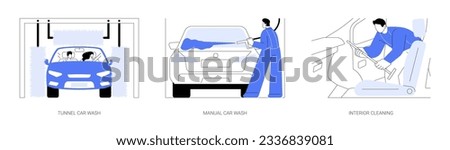 Car wash services abstract concept vector illustration set. Tunnel and manual car wash, foam spray, windshield and interior cleaning, clean automotive surfaces, vehicle maintenance abstract metaphor.