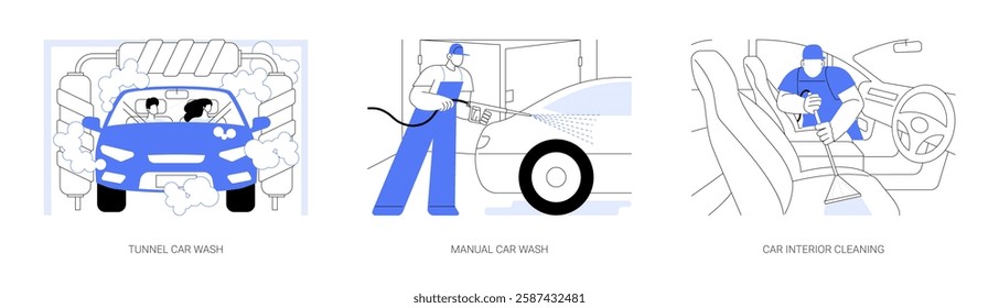 Car wash services isolated cartoon vector illustrations set. Touchless car wash tunnel, manual self-service washing, interior cleaning, vacuuming seat, transport maintenance vector cartoon.