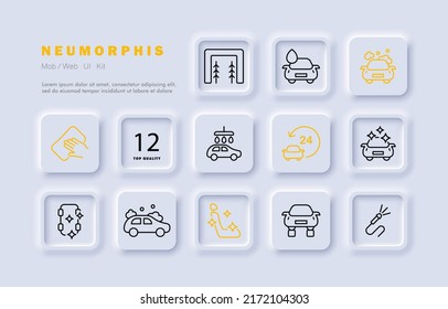 Autowaschanlage Symbol 24 bis 7, Lappen, Schwamm, Waschmittel, Garage, Karcher, Sauberkeit, Salon, Staubsauger. Service-Station-Konzept. Neomorphismus-Stil. Vektorsymbol für Unternehmen und Werbung