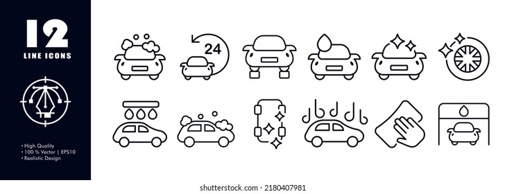 Car wash set icon. Clean, water, shine, technical inspection, polish, repair, fix, dust, cloth, sponge, tire, wheel, transport. Service concept. Vector line icon for Business and Advertising.