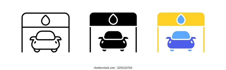 Autowaschanlage Symbol Karcher, Sauberkeit, Staub, Schmutz, Staubsauger, Lappen, Schwamm, Dusche, Salon. Maschinenwartungskonzept Vektorsymbol in line, schwarz und bunter Stil auf weißem Hintergrund