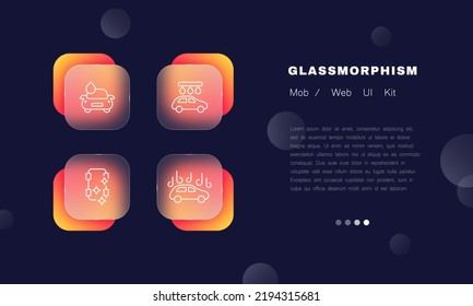 Car wash set icon. Water drop, cleanser, detergent, cleaning, foam, clean, steam, vehicle interior, seat, tire fitting. Service concept. Glassmorphism. Vector line icon for Business and Advertising.