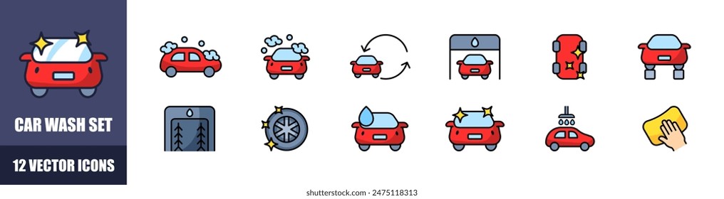 Car wash set icons. Machine Icons. Flat style. Vector icons.