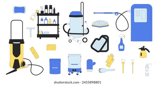 Juego de lavado de autos. Elementos de colección de la estación de limpieza del vehículo aislados sobre fondo blanco. Vacío, esponjas. Reparar el garaje automático. Ilustración plana de Vector.