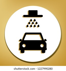 Car wash sign. Vector. Black icon with light brown shadow in white circle with shaped ring at golden background.