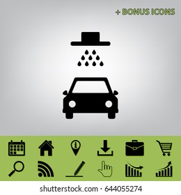 Car wash sign. Vector. Black icon at gray background with bonus icons 