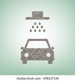 Car wash sign. Vector. Brown flax icon on green background with light spot at the center.