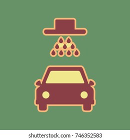 Car wash sign. Vector. Cordovan icon and mellow apricot halo with light khaki filled space at russian green background.