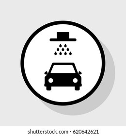 Car wash sign. Vector. Flat black icon in white circle with shadow at gray background.