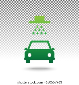 Car wash sign. Vector. Green gradient icon with shadow at bottom on transparent and white background.
