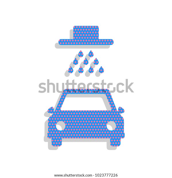 Car\
wash sign. Vector. Neon blue icon with cyclamen polka dots pattern\
with light gray shadow on white background.\
Isolated.