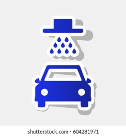 Car wash sign. Vector. New year bluish icon with outside stroke and gray shadow on light gray background.