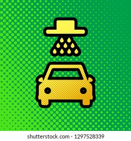 Car wash sign. Vector. Pop art orange to yellow dots-gradient icon with black contour at greenish background.