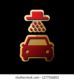 Car wash sign. Vector. Red icon with small black and limitless shadows at golden sticker on black background.