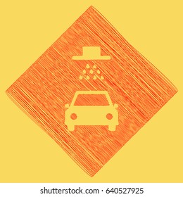 Car wash sign. Vector. Red scribble icon obtained as a result of subtraction rhomb and path. Royal yellow background.