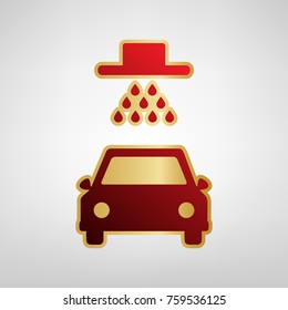 Car wash sign. Vector. Red icon on gold sticker at light gray background.