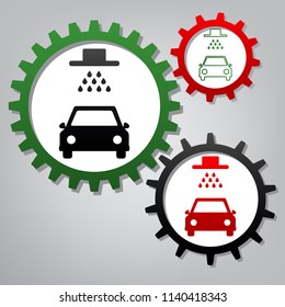 Car wash sign. Vector. Three connected gears with icons at grayish background.