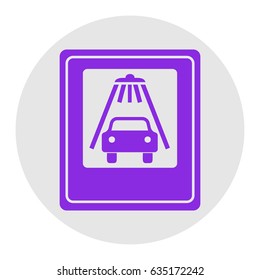 Car wash sign. Vector. Violet flat icon on light gray circle at white background. Isolated.