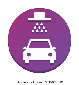 Car wash sign. Vector. White icon with flat shadow on purpureus circle at white background. Isolated.