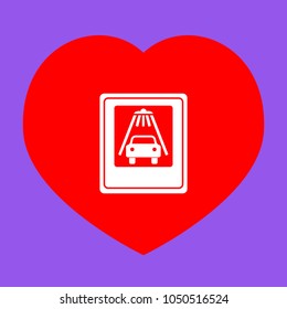 Car wash sign. Vector. White icon in red heart at lavender background.