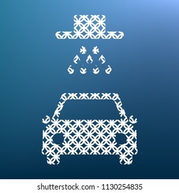 Car wash sign. Vector. White textured icon at lapis lazuli gradient background.