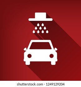 Car wash sign. Vector. White icon with limitless shadow at ruby red background.
