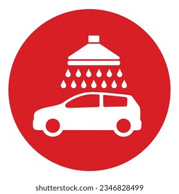 Car wash sign. Vector. White icon on red circle. Isolated.
