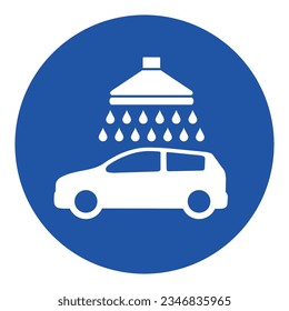 Car wash sign. Vector. White icon on blue circle. Isolated.