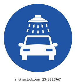 Autowaschanzeige. Vektorgrafik. Weißes Symbol auf blauem Kreis. Einzeln.