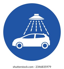 Car wash sign. Vector. White icon on blue circle. Isolated.
