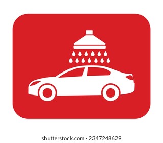 Señal de lavado de coches. Vector. Icono blanco en un cuadrado rojo. Aislado.