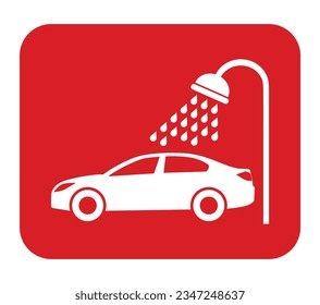 Car wash sign. Vector. White icon in a red square. Isolated.