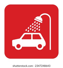 Car wash sign. Vector. White icon in a red square. Isolated.