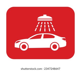 Car wash sign. Vector. White icon in a red square. Isolated.