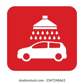 Señal de lavado de coches. Vector. Icono blanco en un cuadrado rojo. Aislado.