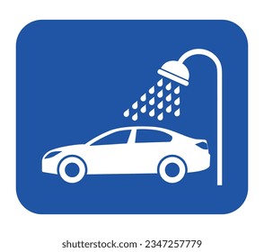 Señal de lavado de coches. Vector. Icono blanco en un cuadrado azul. Aislado.