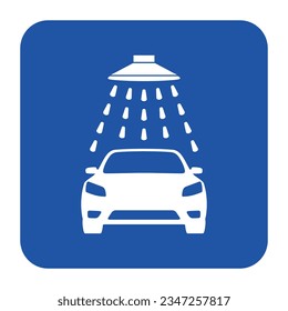 Señal de lavado de coches. Vector. Icono blanco en un cuadrado azul. Aislado.
