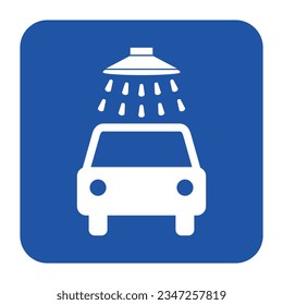 Autowaschanzeige. Vektorgrafik. Weißes Symbol auf einem blauen Quadrat. Einzeln.