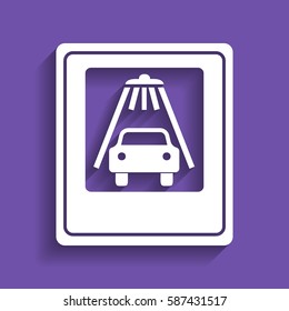 Car wash sign. Vector. White icon with soft shadow on grape violet background.