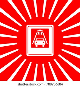 Car wash sign. Vector. White icon on red sun with rays as background. Isolated.